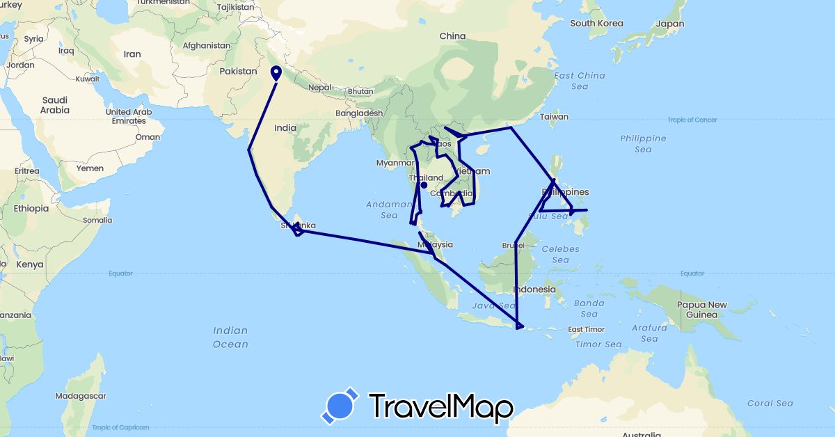 TravelMap itinerary: driving in Brunei, China, Indonesia, India, Cambodia, Laos, Sri Lanka, Malaysia, Philippines, Singapore, Thailand, Vietnam (Asia)
