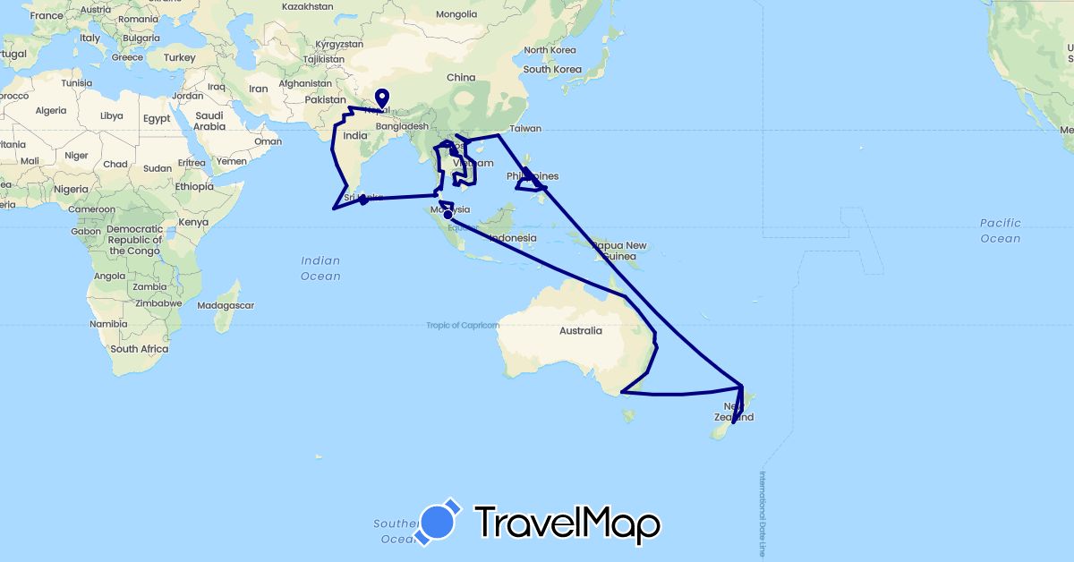 TravelMap itinerary: driving in Australia, China, India, Cambodia, Laos, Sri Lanka, Maldives, Malaysia, Nepal, New Zealand, Philippines, Singapore, Thailand, Vietnam (Asia, Oceania)